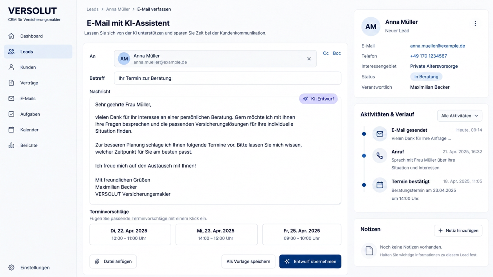 Versolut AI automatically composes emails with customers